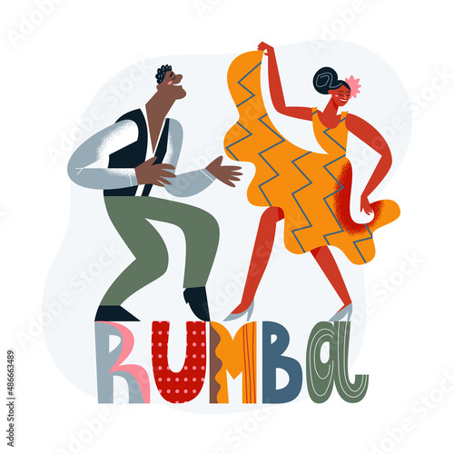 Rumba dance to latin music of couple people, motion of dancers and rumba lettering photo