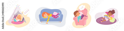 Lazy boys and girls sleep set, funny children laying asleep, leisure of sleepy little kid