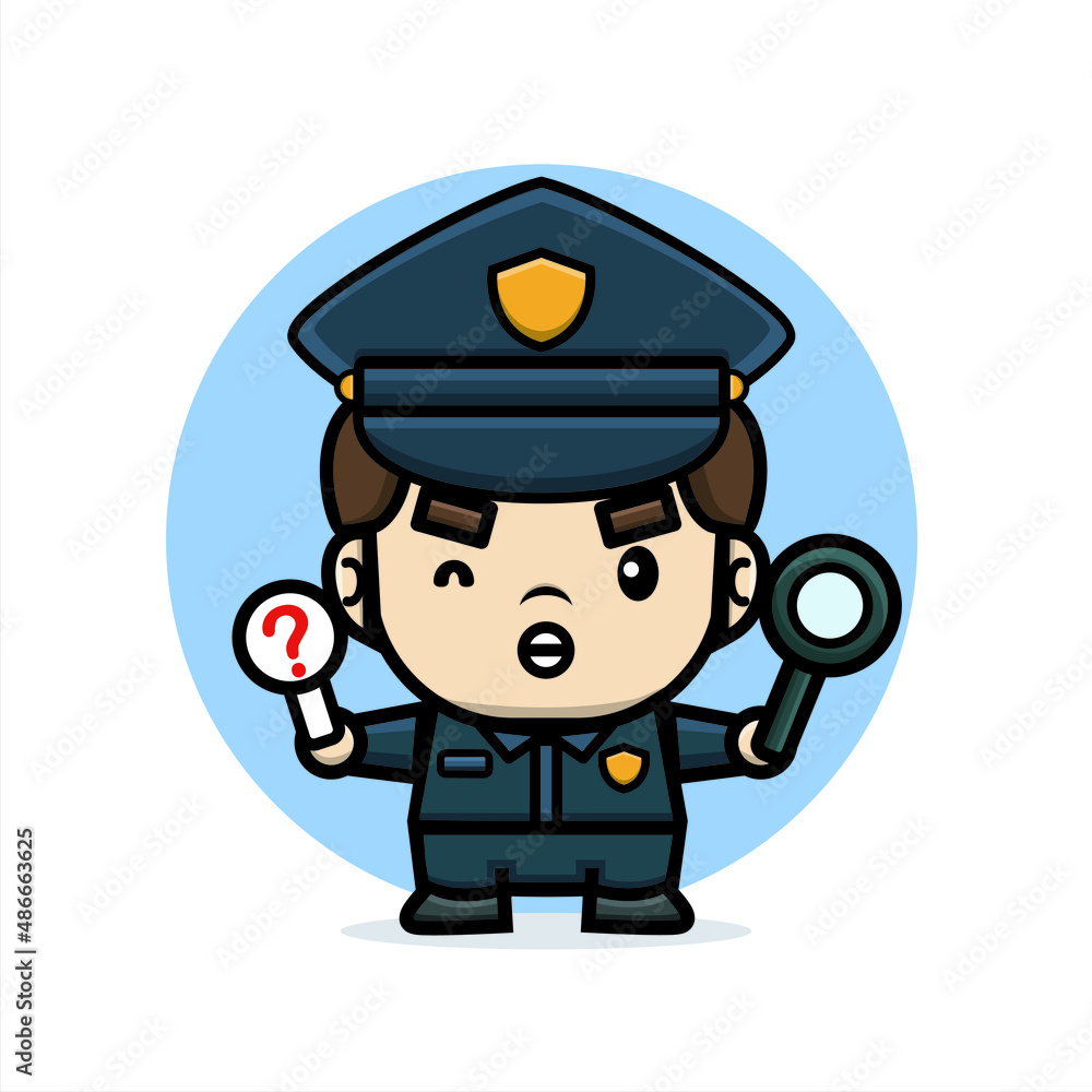 cartoon cute police hold on magnifying glass and forbid sign board cartoon cute police hold on magnifying glass and forbid sign board