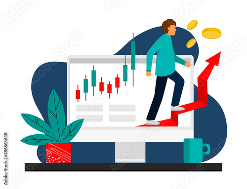 The trader tracks the charts at the computer. Trading, quotes, stocks, investment concept. Flat cartoon vector illustration