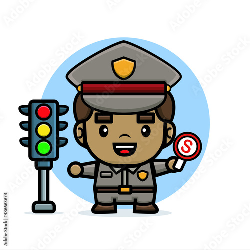 cartoon police stop people with forbid sign and traffic light