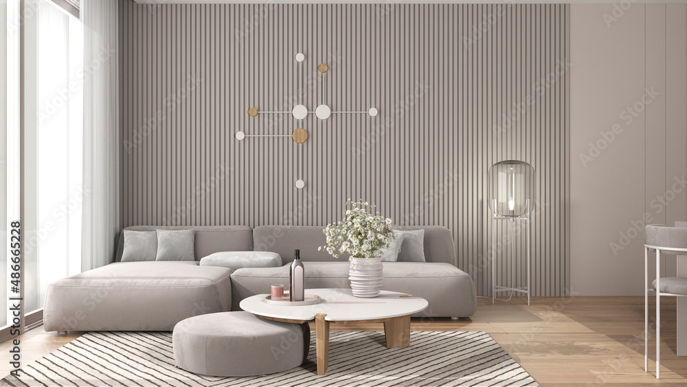 Fototapeta premium Cozy beige and wooden living room in modern apartment, velvet sofa with pouf and table with potted flowers, parquet, carpet, big window, and floor glass lamp. Interior design idea