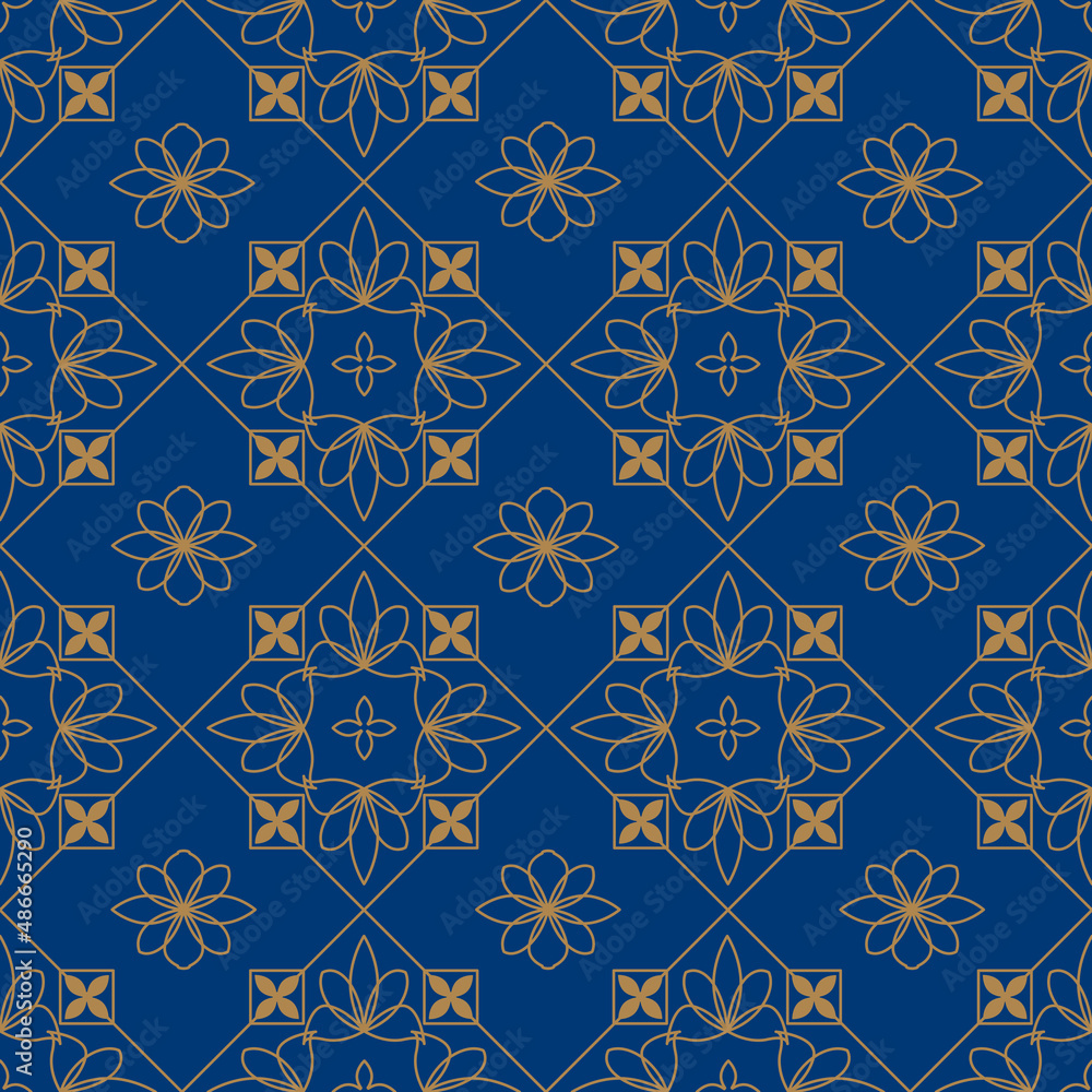 Seamless geometric pattern of rhombuses and flowers in gold on white, blue and black backgrounds. Vector illustration EPS8