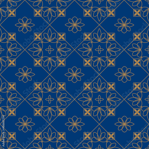 Seamless geometric pattern of rhombuses and flowers in gold on white, blue and black backgrounds. Vector illustration EPS8