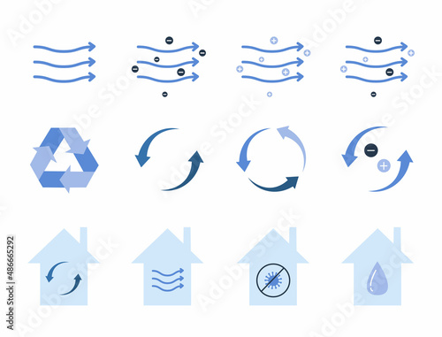 Set of flat illustrations of air purifiers. Streams of air circulation in the house. Humidification of the air in the house. Ionization system. Design elements for banner, poster, social media