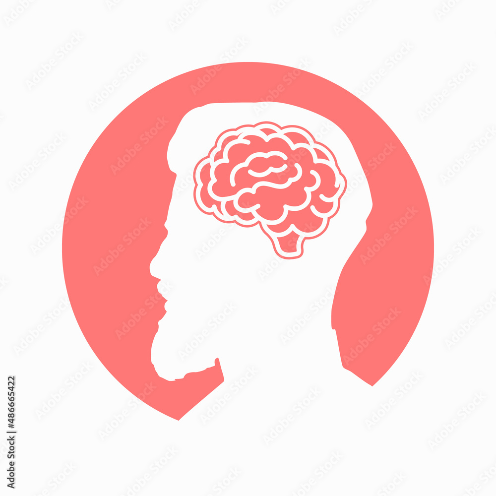 Human brain on men head red icon for apps and websites on white background. Vector clipart illustration Human brain on men head red icon for apps and websites on white background. Vector clipart illustration