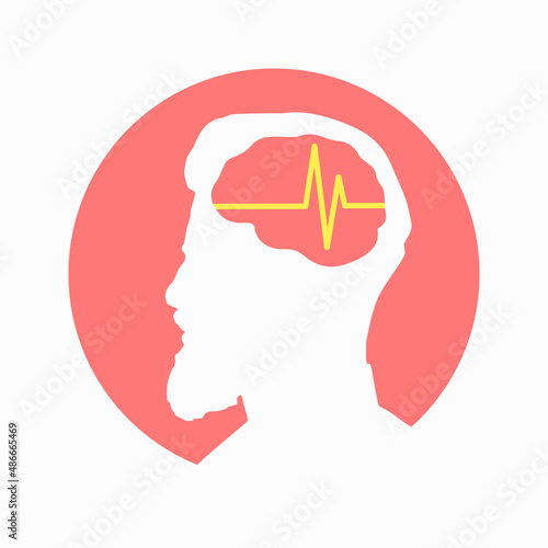 Illustration of human brain encephalography medical vector icon on human head isolated on white background. Stroke, epilepsy and Alzheimer s awareness, seizure disorder, stroke, ADHD