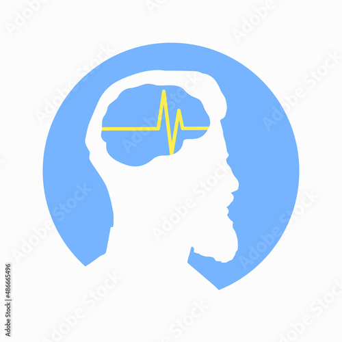 Illustration of human brain encephalography medical vector icon on human head isolated on white background. Stroke, epilepsy and Alzheimer s awareness, seizure disorder, stroke, ADHD