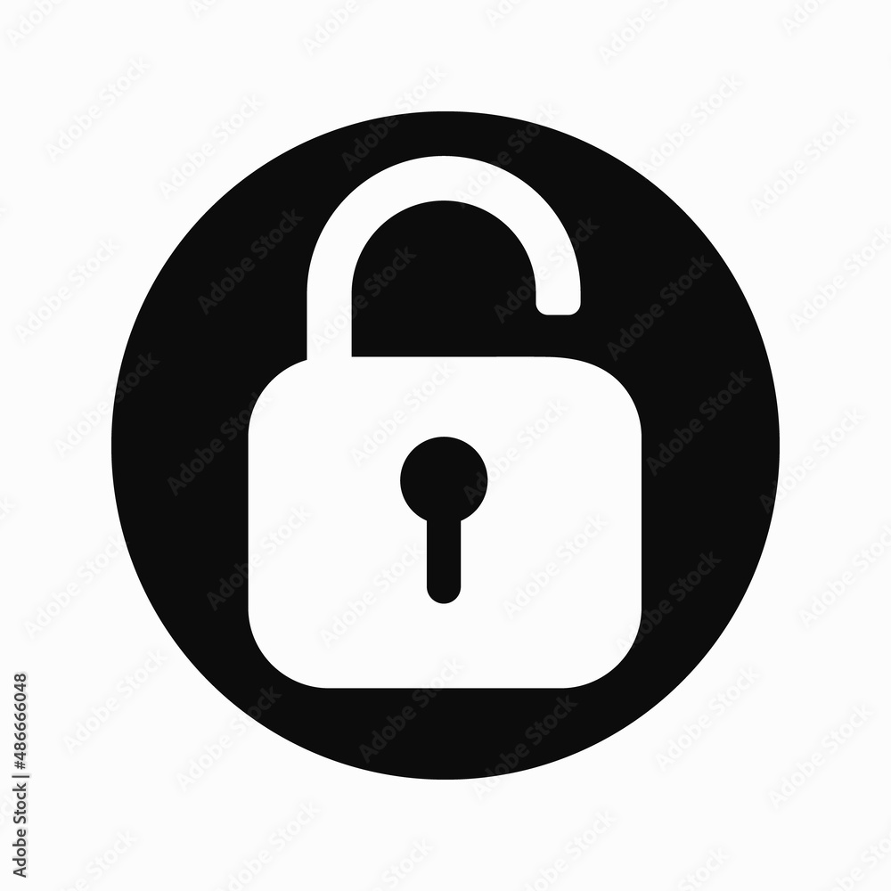 White opened padlock in black circle icon design on isolated white background. Vector clipart illustration. Unlock sign for website or app White opened padlock in black circle icon design on isolated white background. Vector clipart illustration. Unlock sign for website or app