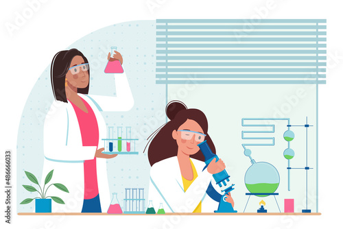 Scientist at work, characters conducting experiments in lab. Chemical laboratory research. Vaccine discovery concept. Scientists with flasks and microscope working. Vector illustration in flat style.
