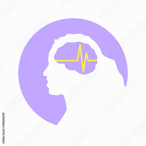 Illustration of woman or girl brain encephalography medical vector icon on human head isolated on white background. Stroke, epilepsy and Alzheimer s awareness, seizure disorder, stroke, ADHD