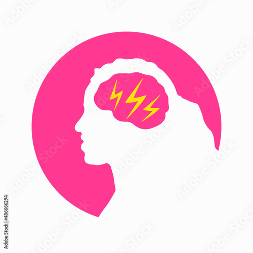 Migraine linear icon. Woman head with lightning bolt. Thunderclap head. Temple pressure, pain. Flu symptom. outline symbol. Vector illustration isolated outline drawing in pink color