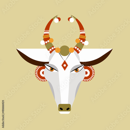 Illustration of a decorated cow head. A symbol for Indian religious festivals