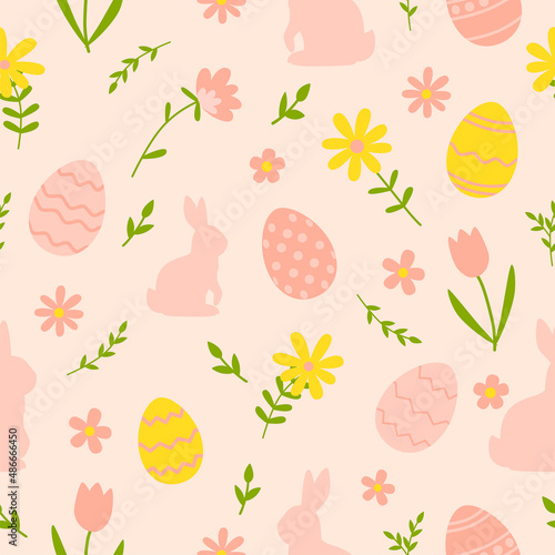 Easter seamless pattern with bunny, eggs, and flowers. Vector illustration.