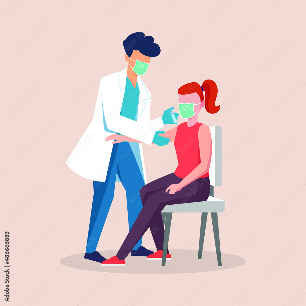 Doctor holding right hand his patient before make injection to patient in medical mask. Covid-19 or coronavirus vaccine. Colored flat graphic vector illustration. Doctor holding right hand his patient before make injection to patient in medical mask. Covid-19 or coronavirus vaccine. Colored flat graphic vector illustration.
