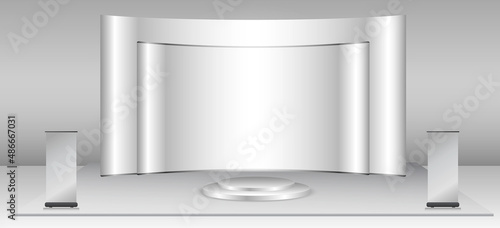 set of realistic trade exhibition stand or white blank exhibition kiosk or stand booth corporate commercial. eps vector
