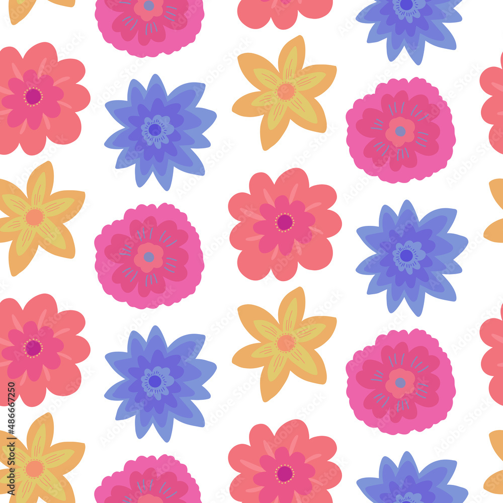 Cute seamless pattern with hand drawn doodle flower head in simple childish style. Spring vector background, botanical kid ditsy backdrop