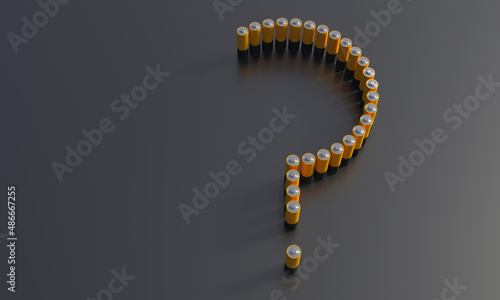 Issues of ecology and energy saving. Batteries in the form of a question mark on a dark background.