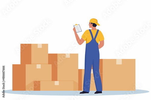 Warehouse worker checking goods in boxes. Stock taking job. Modern flat style vector illustration isolated on white background.