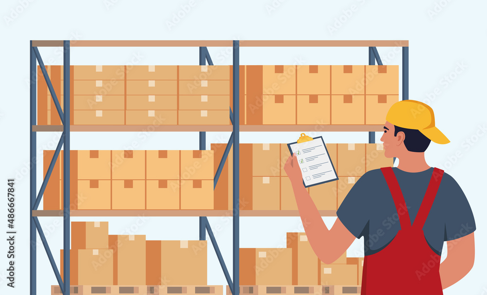 Warehouse worker checking goods in boxes. Stock taking job. Modern flat ...