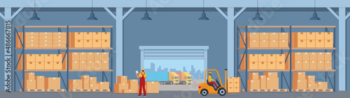 Warehouse Interior with Boxes On Rack And People Working. Logistic Delivery Service Concept. Vector illustration.