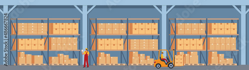 Warehouse Interior with Boxes On Rack And People Working. Logistic Delivery Service Concept. Vector illustration.
