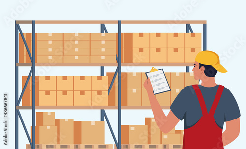 Warehouse worker checking goods in boxes. Stock taking job. Modern flat style vector illustration isolated on white background.