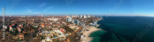 Air panorama the urbane landscape with Black Sea coastline and 10 stage of Big Fontaine in Odessa Ukraine..