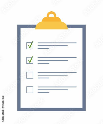 Clipboard with checklist with green check marks and pen. Control list on notepad. Concept of Survey, quiz, to-do list or agreement. Vector illustration in flat style.