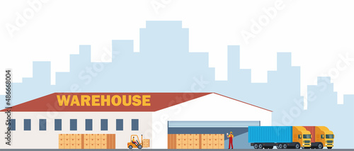 Warehouse, outside view. Warehouse facade, trucks, forklift, stacks of boxes, city in the background. Logistics concept. Vector illustration.