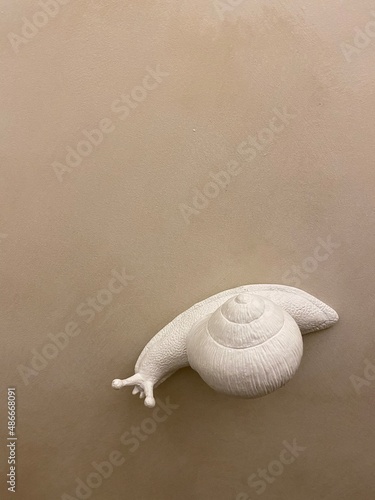 The figure of a beige snail that crawls along a beige wall