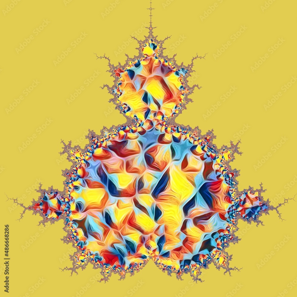 intricate multicolored pattern and mandelbrot fractal design on a pale yellow plain background