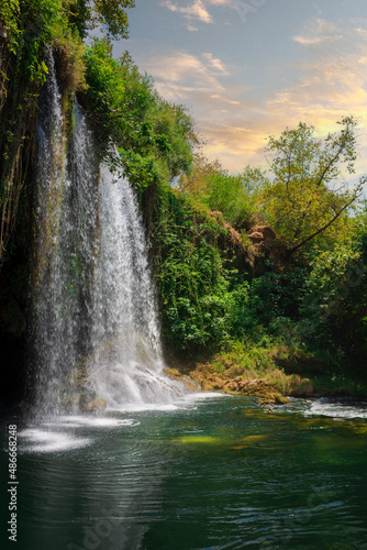 Summer landscape with big waterfall. Duden waterfalls in Antalya. Side view.