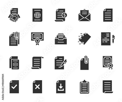 Vector set of document flat icons. Contains icons contract, invoice, passport, archive, certificate, attachment and more. Pixel perfect.