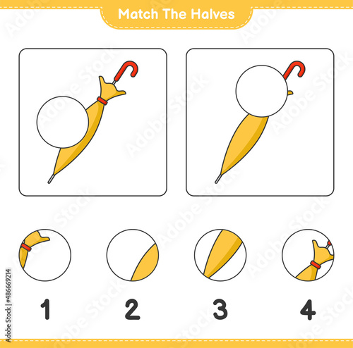 Match the halves. Match halves of Umbrella. Educational children game, printable worksheet, vector illustration