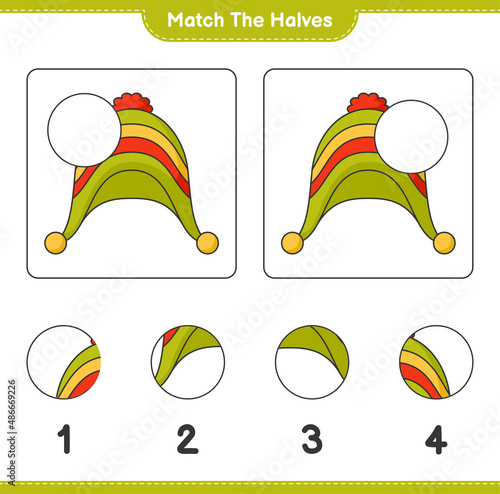 Match the halves. Match halves of Hat. Educational children game, printable worksheet, vector illustration