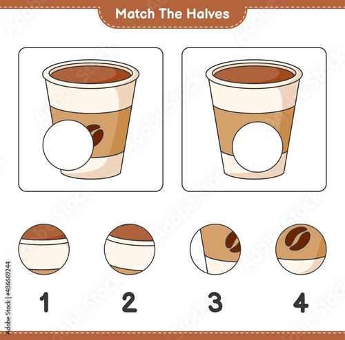 Match the halves. Match halves of Coffee Cup. Educational children game, printable worksheet, vector illustration