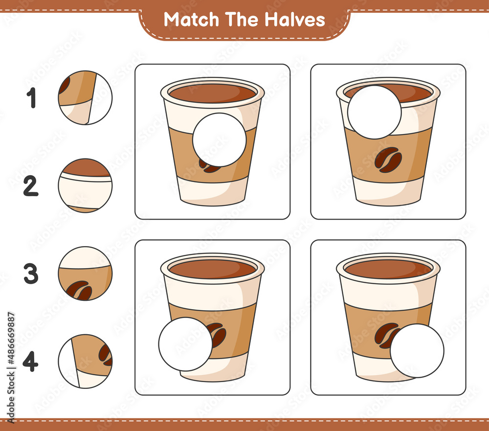 Obraz premium Match the halves. Match halves of Coffee Cup. Educational children game, printable worksheet, vector illustration