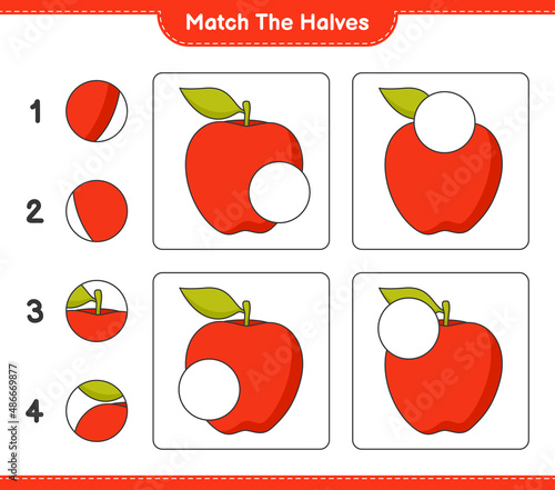 Match the halves. Match halves of Apple. Educational children game, printable worksheet, vector illustration