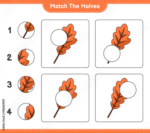 Match the halves. Match halves of Oak Leaf. Educational children game, printable worksheet, vector illustration