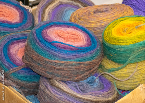 wool yarn threads, close-up of yarn texture, knitting as a hobby
