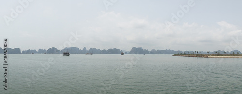 Ha Long Bay mountains rising out of the water in Vietnam.