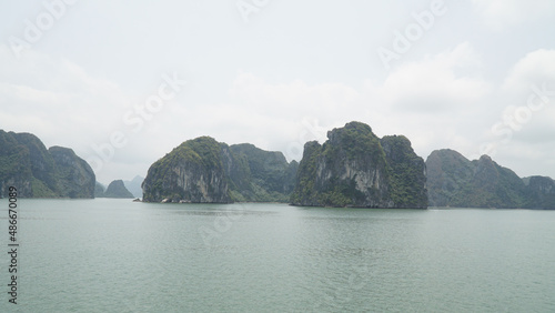 Ha Long Bay mountains rising out of the water in Vietnam.