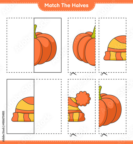Match the halves. Match halves of Pumpkin and Hat. Educational children game, printable worksheet, vector illustration