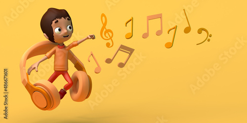 Boy jumping next to headphones and musical notes. Music concept. Copy space. 3D illustration. Cartoon.