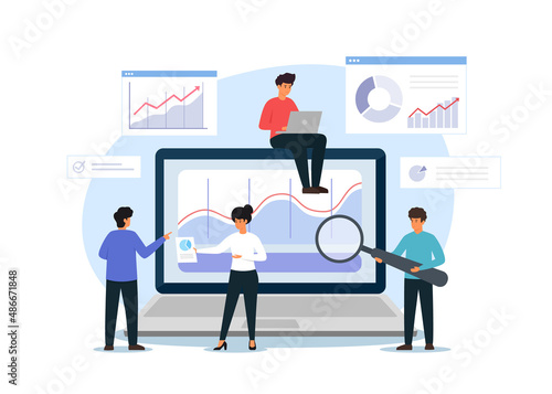 Data analysis and statistics concept. Vector illustration of People characters analyzing tables, charts and graphs at business dashboard.
