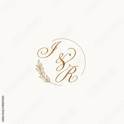 Initials IR wedding monogram logo with leaves and elegant circular lines