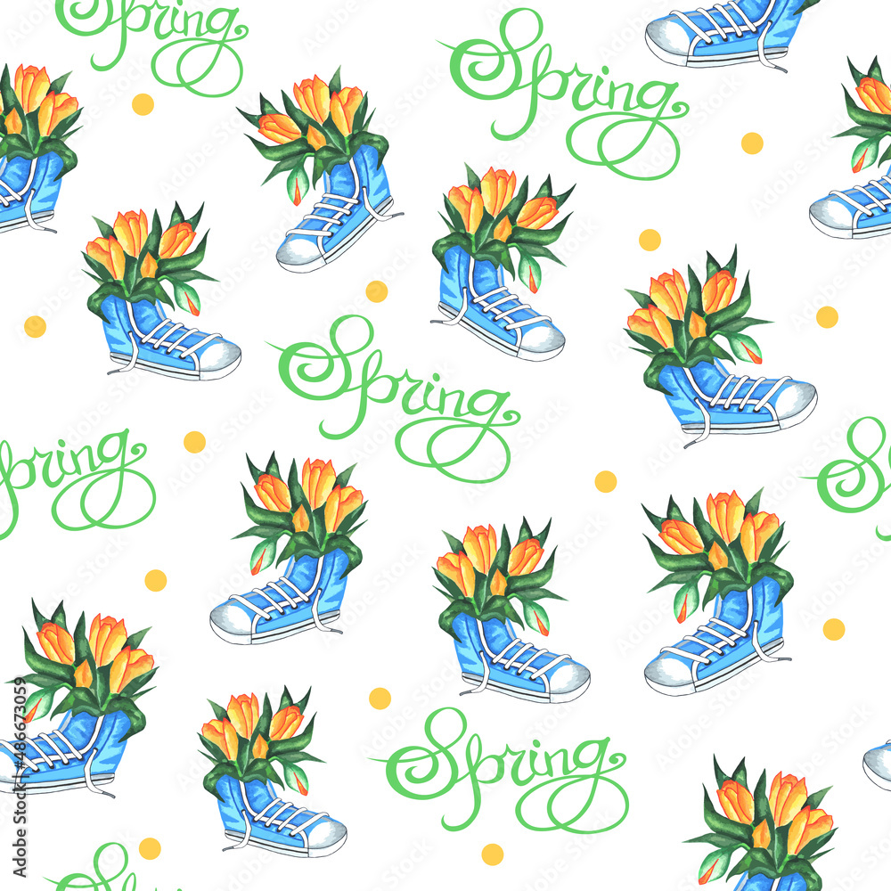 Seamless spring pattern of sneakers with yellow tulips, and  inscription SPRING. yellow circles, easter, spring flowers, tulips, shoes. for of gift packages, fabrics, napkins, vector, eps 10