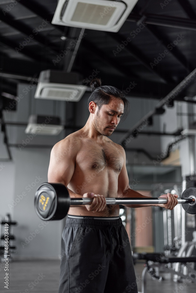 Asian man exercises in fitness. Healthy man doing arms workout in fitness. Asian man exercises in fitness. Healthy man doing arms workout in fitness.