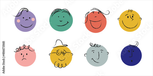 Crayon drawing style. Round abstract comic Faces with various Emotions. Different colorful characters. Cartoon style. Flat design. Hand drawn trendy Vector illustration. Good for kids.